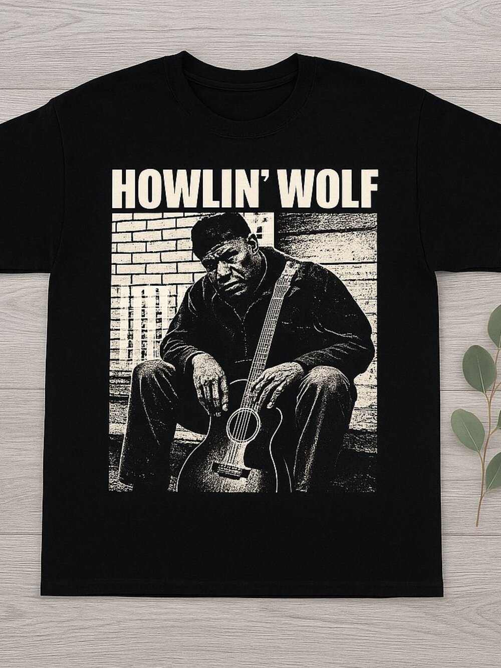 Vintage Blues Musician Screen Print Graphic Tee Retro Black Guitar